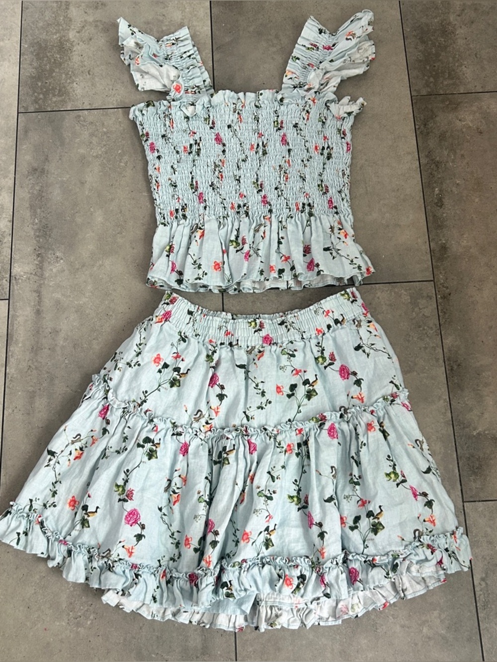 Hill House La Paz blue floral linen skirt and tank set ruffle small - Picture 2 of 7